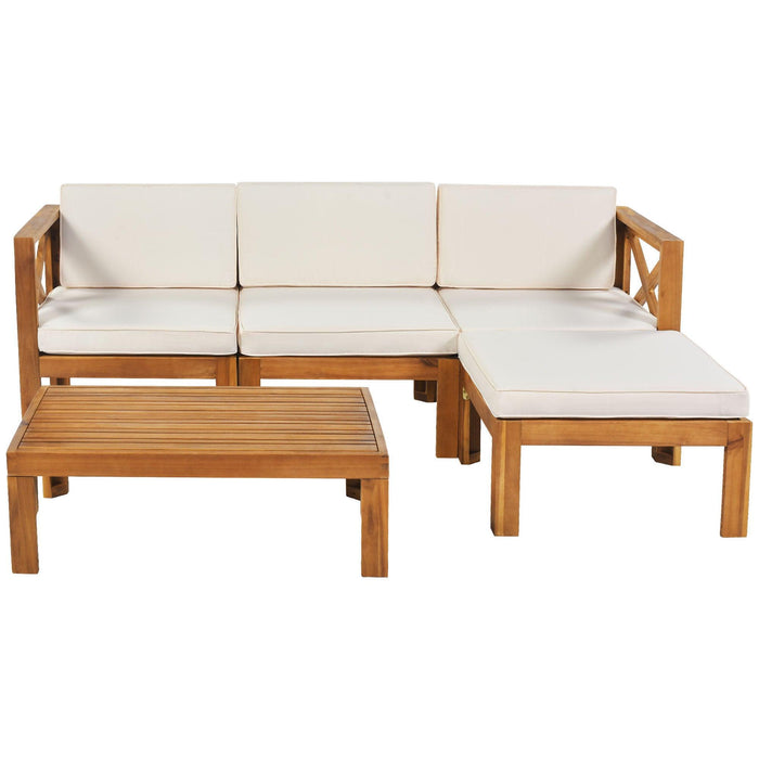 5 PCS Outdoor Backyard Patio Wood Sectional Sofa Seating Group Set with Beige Cushions