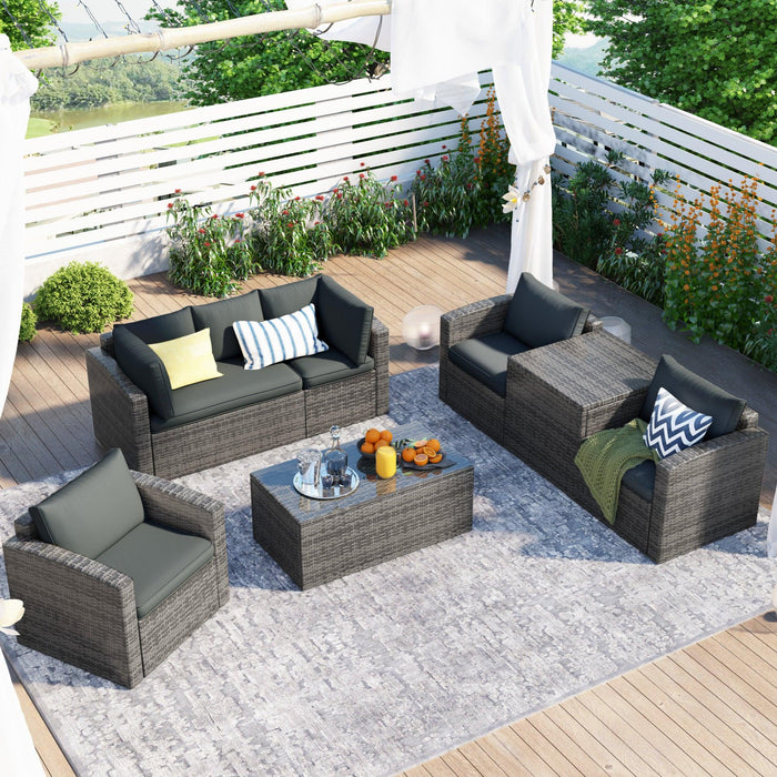 7 PCS Outdoor Patio Arrangeable Wicker Rattan Furniture Sets with Table,Storage Box, and Gray Cushion