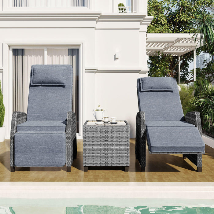 2 PCS Outdoor Adjustable Armchairs with Gray Cushions and Glass Table Top