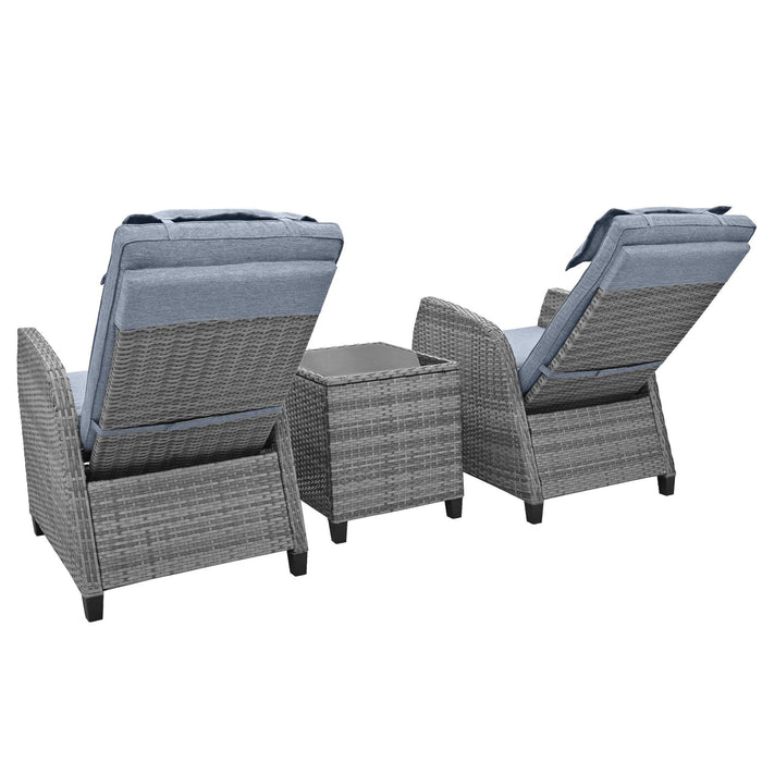 2 PCS Outdoor Adjustable Armchairs with Gray Cushions and Glass Table Top