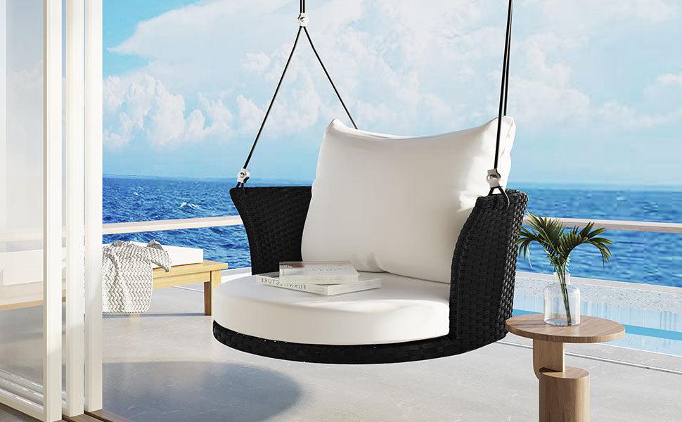 Single Person Rattan Woven Swing Hanging Seat With Ropes, Black Wicker and White Cushion