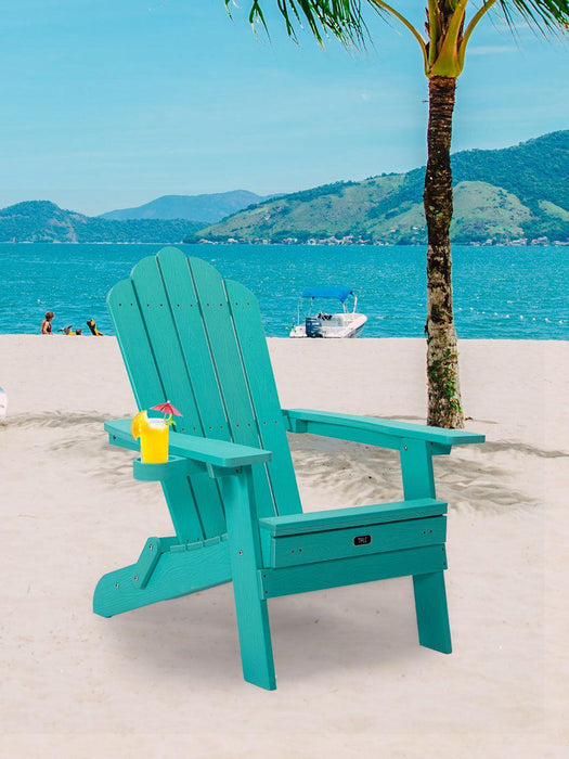 Folding Outdoor Poly Lumber Adirondack Chair with Pullout Ottoman and Cup Holder - Teal Green