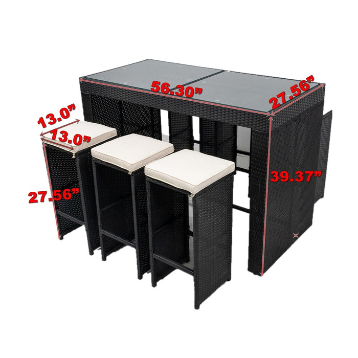 7 PCS Patio Rattan Wicker Outdoor Furniture Bar Set with 6 Stools Removeable Cushions and Temper Glass Top