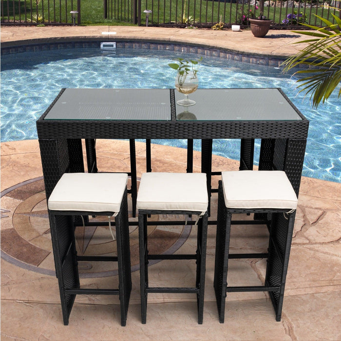 7 PCS Patio Rattan Wicker Outdoor Furniture Bar Set with 6 Stools Removeable Cushions and Temper Glass Top
