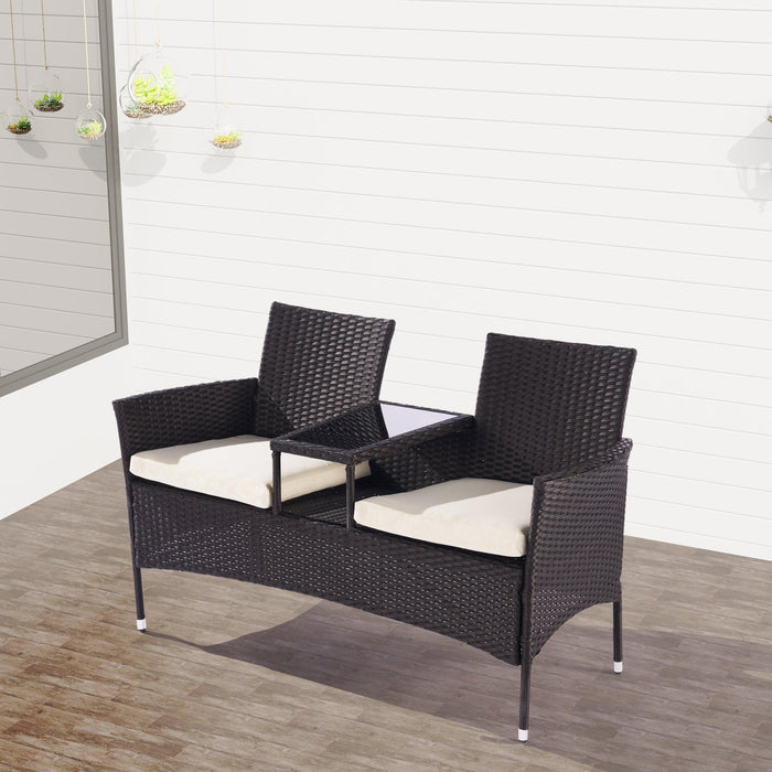 Outdoor Wicker Rattan Double Sofa Lover Chair with Coffee Table and Beige Cushion