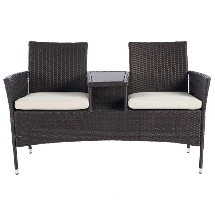 Outdoor Wicker Rattan Double Sofa Lover Chair with Coffee Table and Beige Cushion