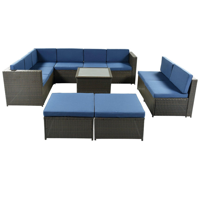 9 PCS Outdoor Black Rattan Sectional Seating Group with Blue Cushions and Ottoman
