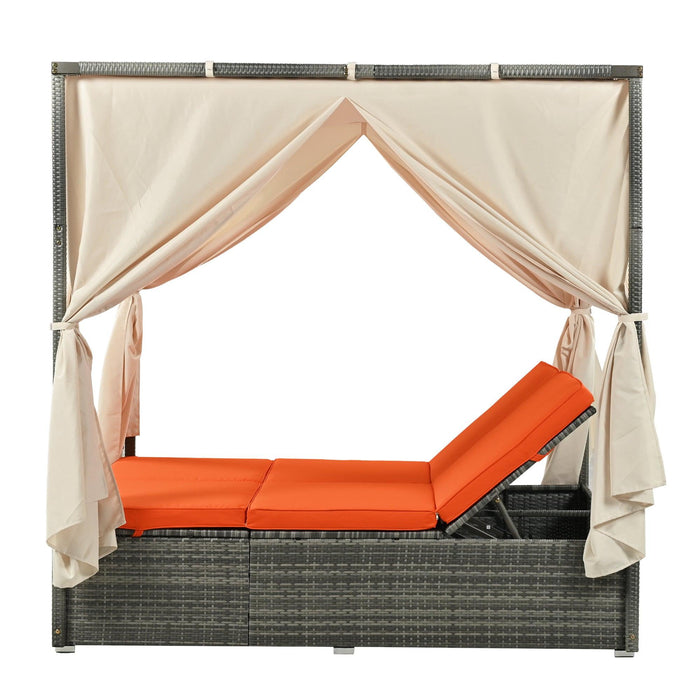 Adjustable Sun Bed With Beige Curtain and Orange Cushion