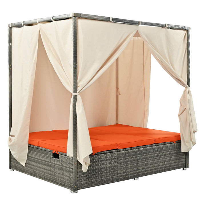Adjustable Sun Bed With Beige Curtain and Orange Cushion