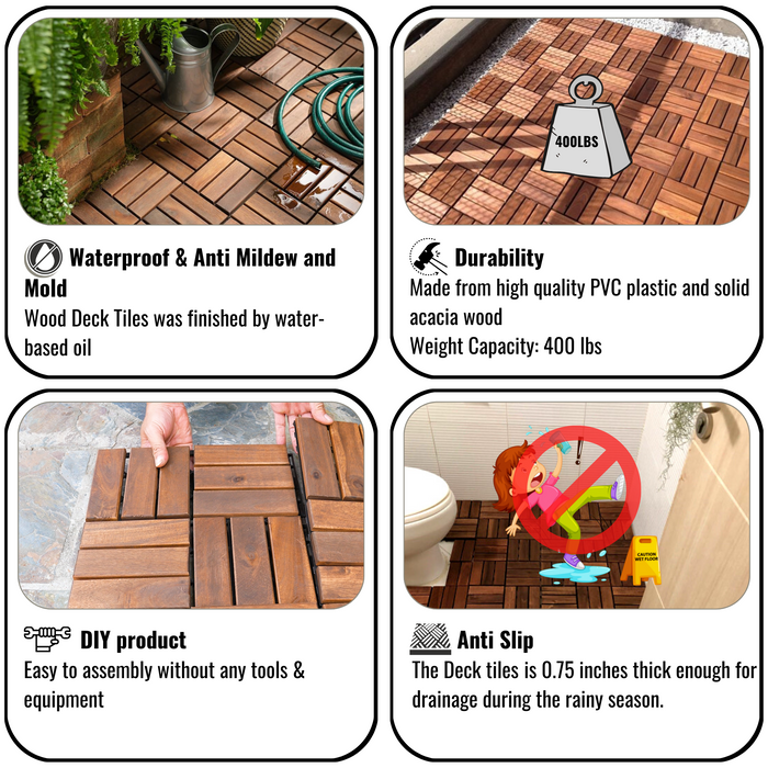 10 PCS Outdoor Square Brown Acacia Hardwood 12" x 12" Interlocking Deck Tiles Checker Pattern