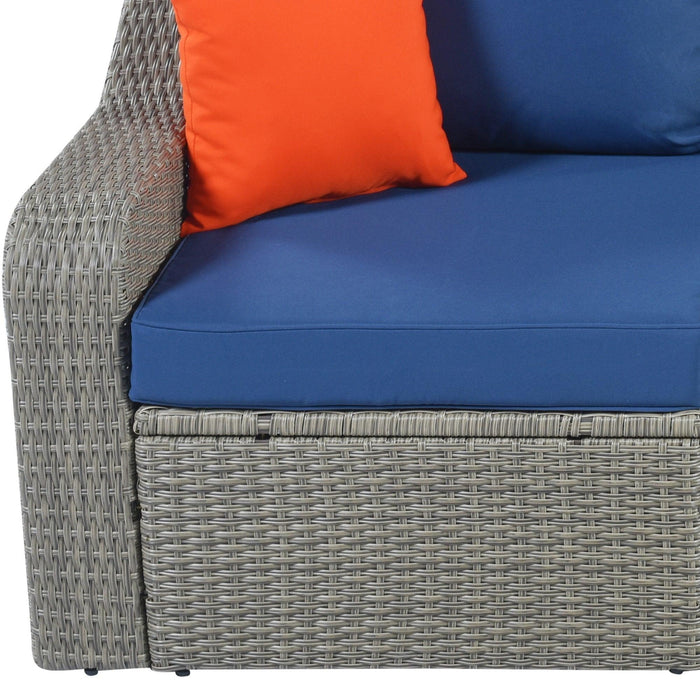 3PCS Outdoor Patio Rattan Wicker Sofa with Ottomansm Blue Cushions, and Lifted Top Coffee Table