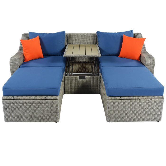 3PCS Outdoor Patio Rattan Wicker Sofa with Ottomansm Blue Cushions, and Lifted Top Coffee Table