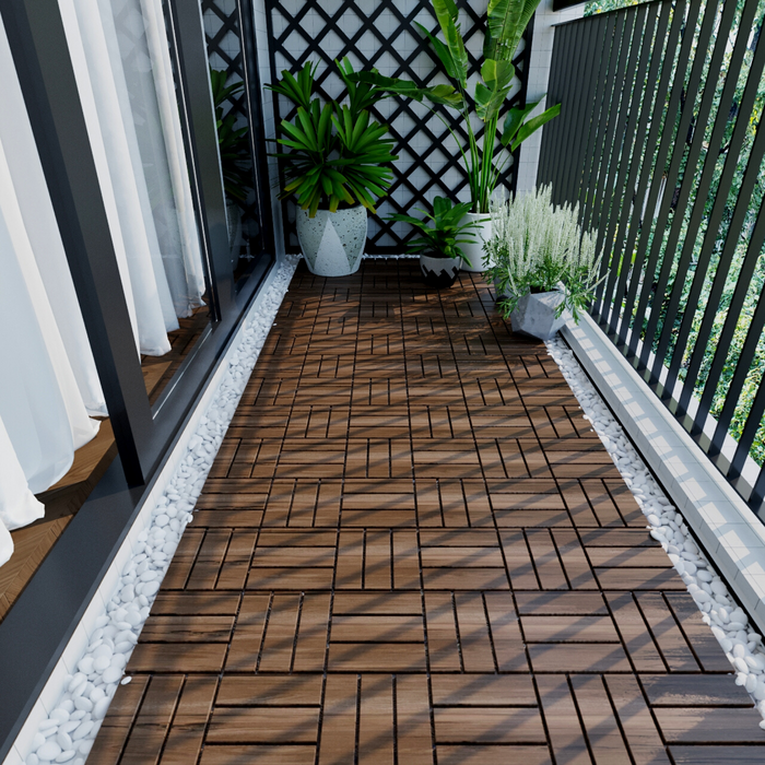 10 PCS Outdoor Square Brown Acacia Hardwood 12" x 12" Interlocking Deck Tiles Checker Pattern