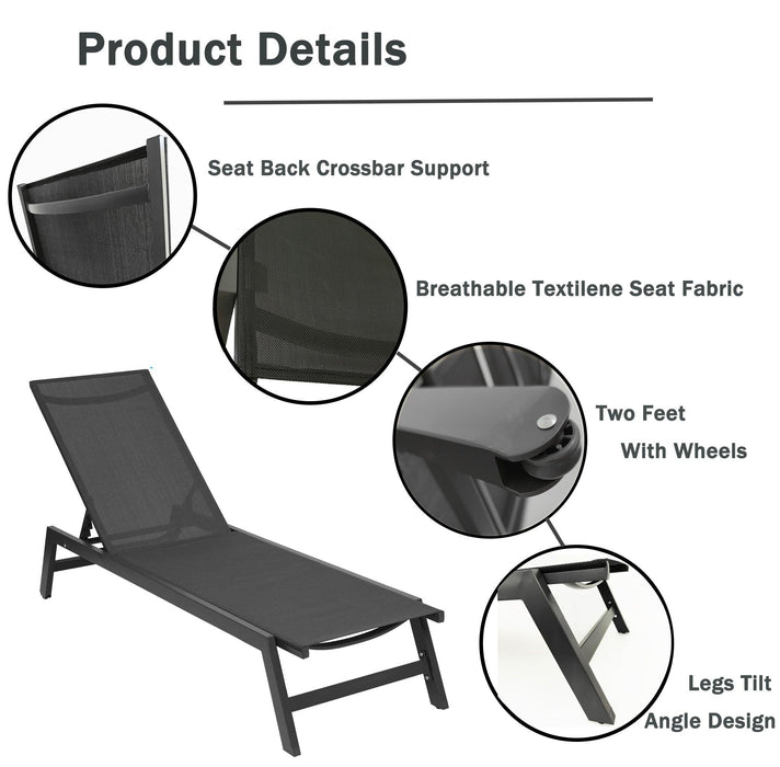 2 PCS Outdoor Chaise Lounge Adjustable Aluminum Recliner Chair - Black