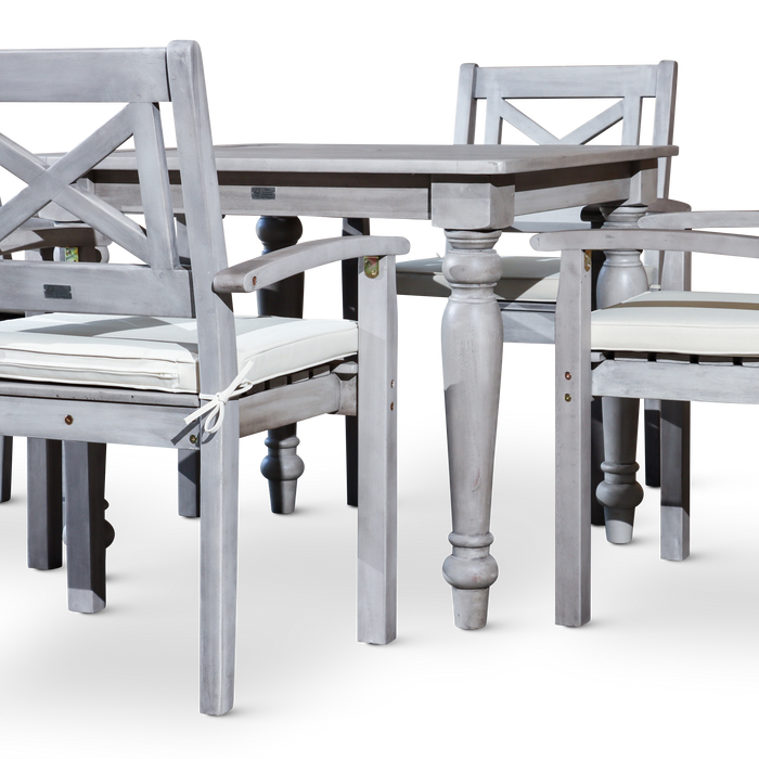 5 PCS Square Silver Gray Finish Dining Set with X-back Styling on Armchairs