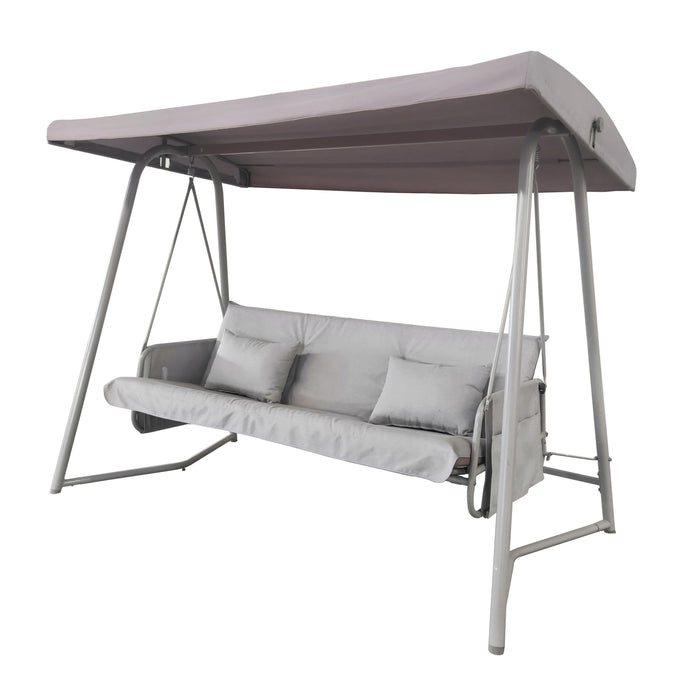 Outdoor Patio 3 Seater Metal Swing Chair Bed with Cushion and Adjustable Canopy - Champagne Color