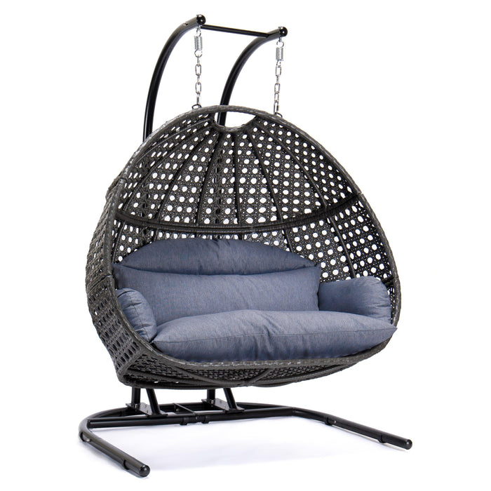 Charcoal Rattan Wicker Hanging Double-Seat Swing Chair with Stand and Dust Blue Cushion