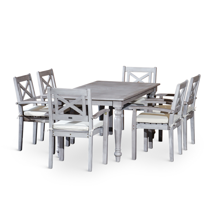7 PCS Rectangular Silver Gray Finish Dining Set with X-back Styling on Armchairs