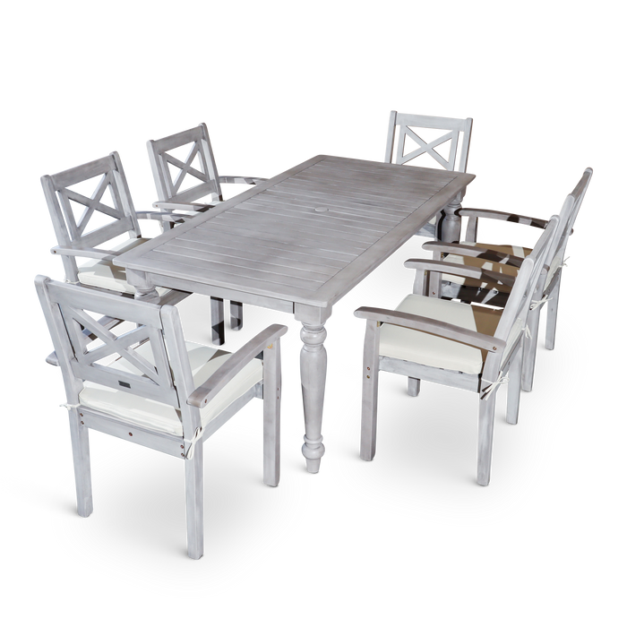 7 PCS Rectangular Silver Gray Finish Dining Set with X-back Styling on Armchairs