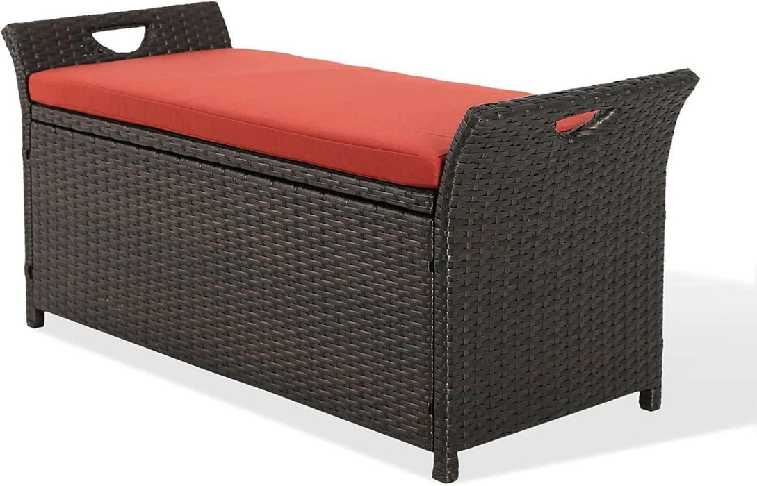 Patio WickerStorage Bench Outdoor Rattan DeckStorage Box with Red Cushion