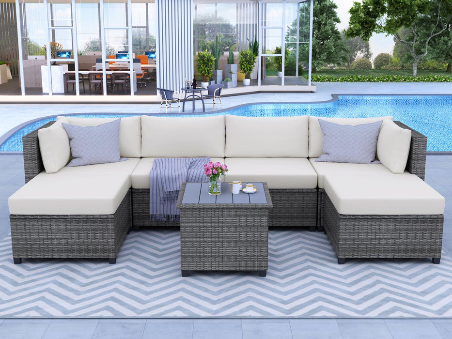 7 PCS Outdoor Rattan Sectional Seating Group with Tea Table and Beige Color Cushions