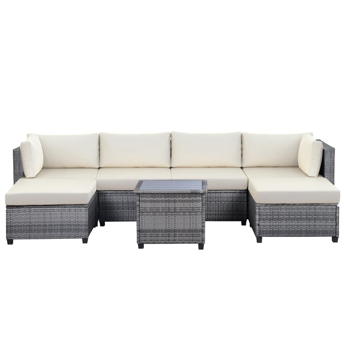 7 PCS Outdoor Rattan Sectional Seating Group with Tea Table and Beige Color Cushions