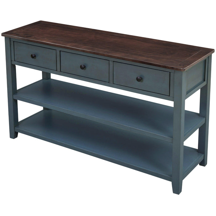 Retro Design Console Table with Two Open Shelves, Pine Solid Wood Frame and Legs for Living Room (Navy)