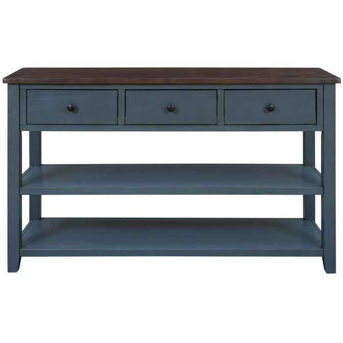 Retro Design Console Table with Two Open Shelves, Pine Solid Wood Frame and Legs for Living Room (Navy)