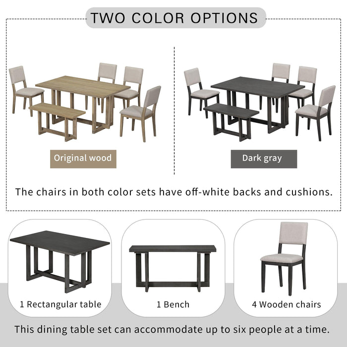 Wooden 6-Piece Dining Table Set H-shaped Support Design Dining Table, Four Chairs with Soft Cushions and One Wooden Bench (Gray)