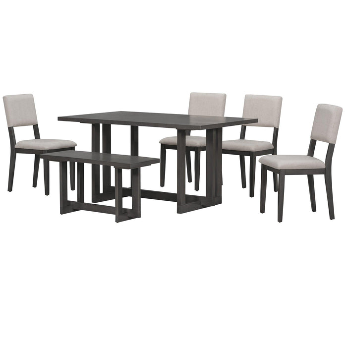 Wooden 6-Piece Dining Table Set H-shaped Support Design Dining Table, Four Chairs with Soft Cushions and One Wooden Bench (Gray)