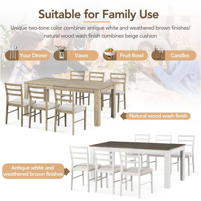 7-Piece Wooden Dining Table Set Mutifunctional Extendable Table with 12” Leaf and 2 Drawers, 6 Dining Chairs with Soft Cushion (Brown + White)