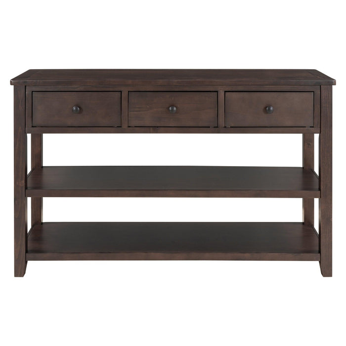 Retro Design Console Table with Two Open Shelves, Pine Solid Wood Frame and Legs for Living Room (Espresso)