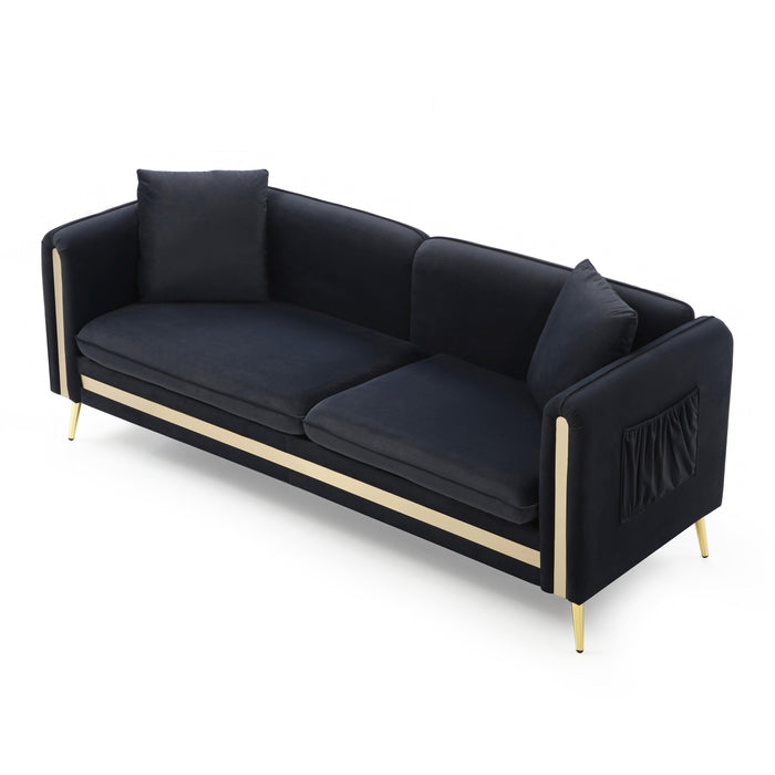 77.2”Modern Upholstered Velvet Sofa 3 Seater Couch with Removable Cushions Side Pocket Mid-Century Tufted Living Room Set ld Metal Legs,2 Pillows Included,Black