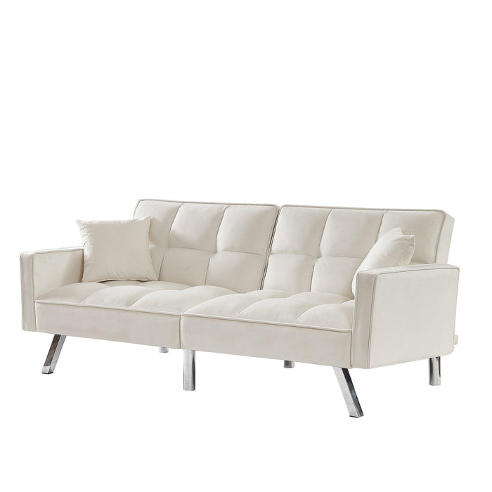 Velvet Sofa Couch Bed with Armrests and 2 Pillows for Living Room and Bedroom - Cream White