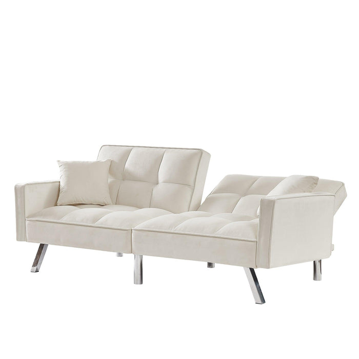 Velvet Sofa Couch Bed with Armrests and 2 Pillows for Living Room and Bedroom - Cream White