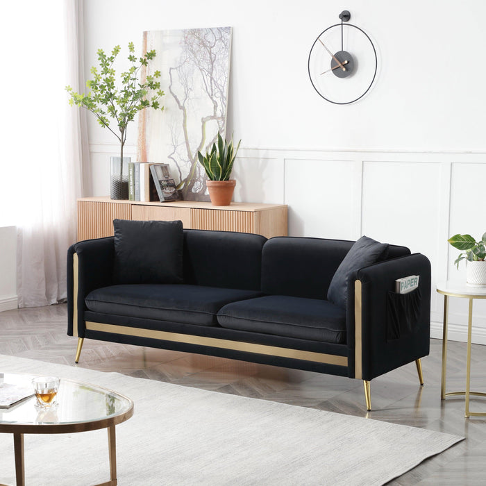 77.2”Modern Upholstered Velvet Sofa 3 Seater Couch with Removable Cushions Side Pocket Mid-Century Tufted Living Room Set ld Metal Legs,2 Pillows Included,Black