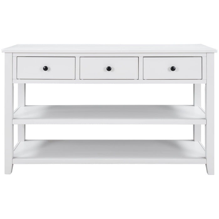 Retro Design Console Table with Two Open Shelves, Pine Solid Wood Frame and Legs for Living Room (Antique White)