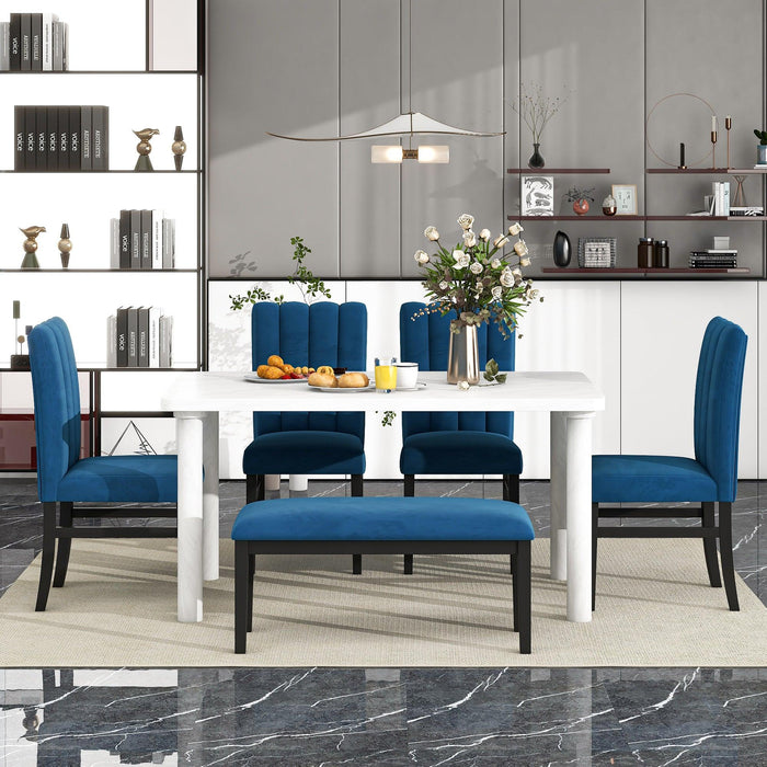 6-Piece Dining Table Set with Marble Veneer Table and 4 Flannelette Upholstered Dining Chairs & Bench (White+Blue)
