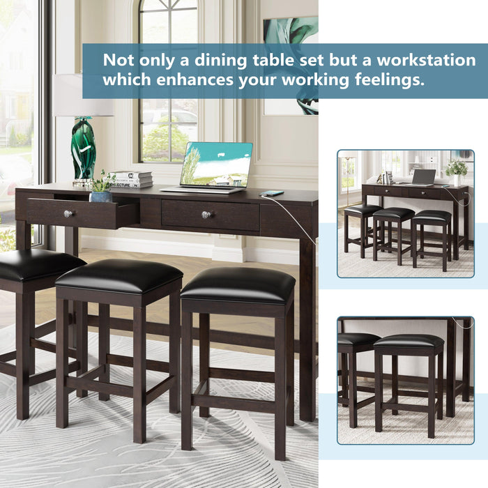 4-Piece Counter Height Table Set with Socket and Leather Padded Stools, Espresso