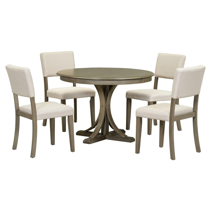 5-Piece Retro Round Dining Table Set with Curved Trestle Style Table Legs and 4 Upholstered Chairs for Dining Room (Taupe)