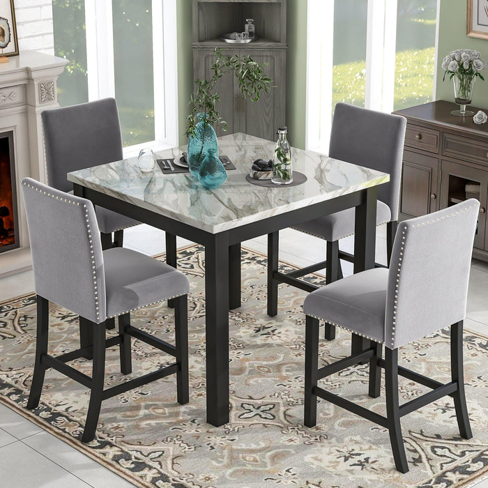 5-piece Counter Height Dining Table Set with One Faux Marble Dining Table and Four Upholstered-Seat Chairs, Table top: 40in.L x40in.W, for Kitchen and Living room Furniture,Gray