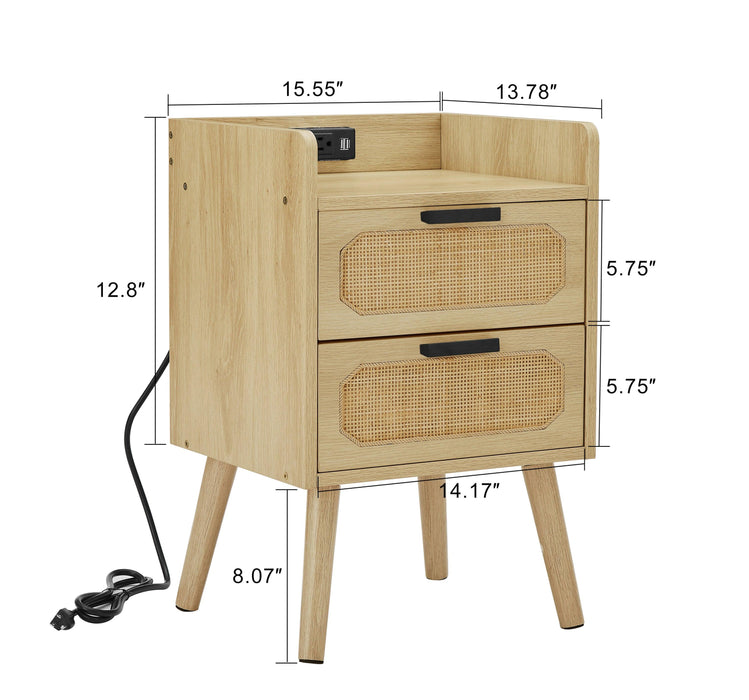 Rattan nightstand with socket side table natural handmade rattan（2PC,Natural ,15.55’’W*13.78’’D*23.82’’H）