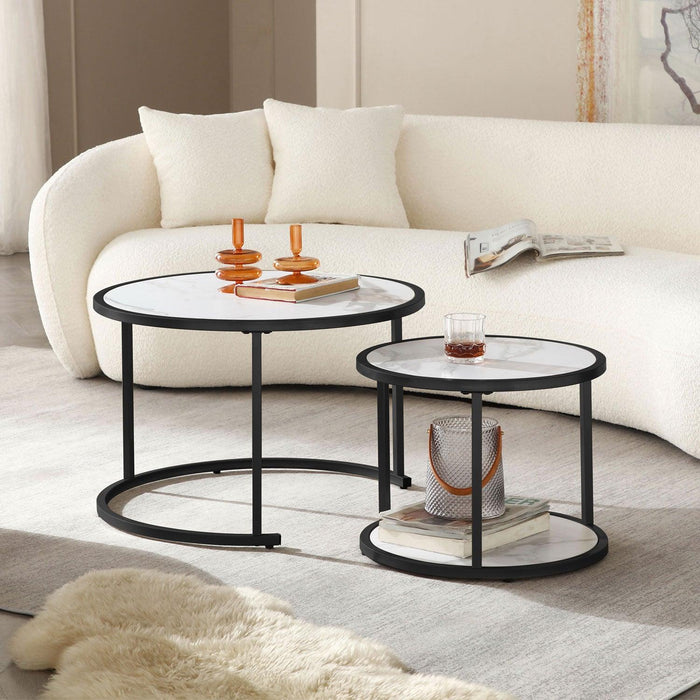 27.16inch Marble Pattern MDF Top with Black Metal Frame nesting coffee table set of 2