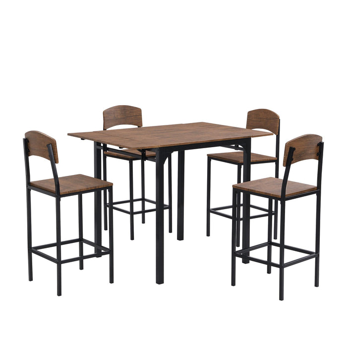 Farmhouse 5-piece Counter Height Drop Leaf Dining Table Set with Dining Chairs for 4,Black Frame+Brown Tabletop