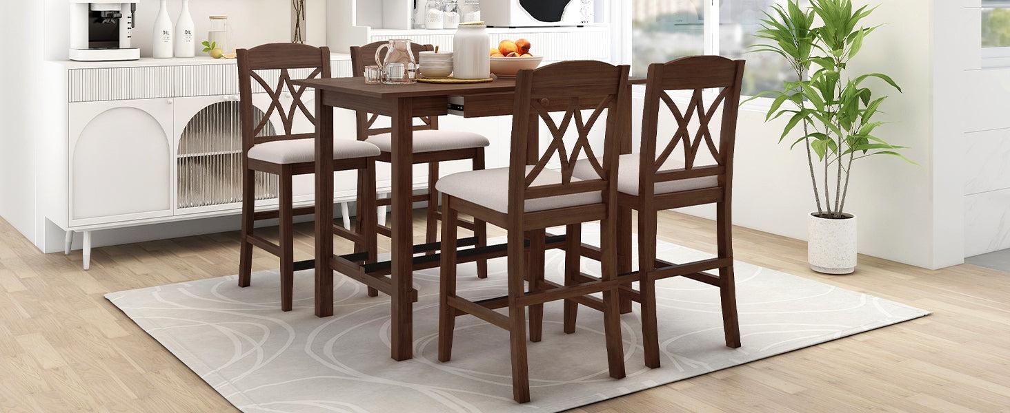 Casual Counter Height Wood 5-Piece Dining Table Set with 4 Upholstered Chairs and 1Storage Drawer, Walnut+Beige