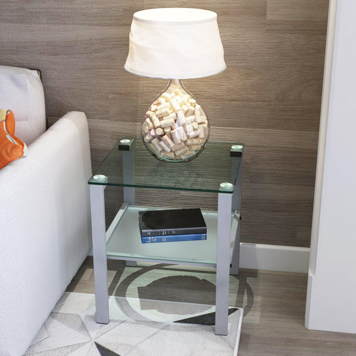 Glass two layer tea table, small round table, bedroom corner table, living room grey side table