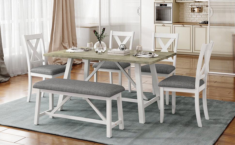 6 Piece Dining Table Set Wood Dining Table and chair Kitchen Table Set with Table, Bench and 4 Chairs, Rustic Style,White+Gray