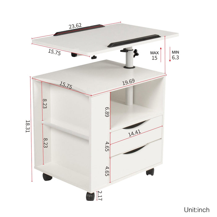 Height Adjustable Overbed End Table Wooden Nightstand with Swivel Top,Storage Drawers, Wheels and Open Shelf,(White)
