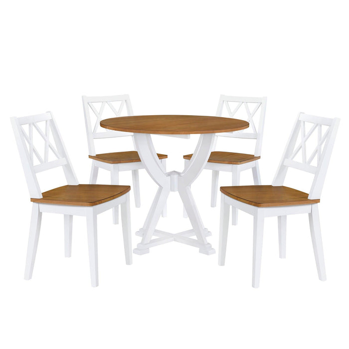 Mid-Century 5-Piece Round Dining Table Set with Trestle Legs and 4 Cross Back Dining Chairs, Antique Oak+White
