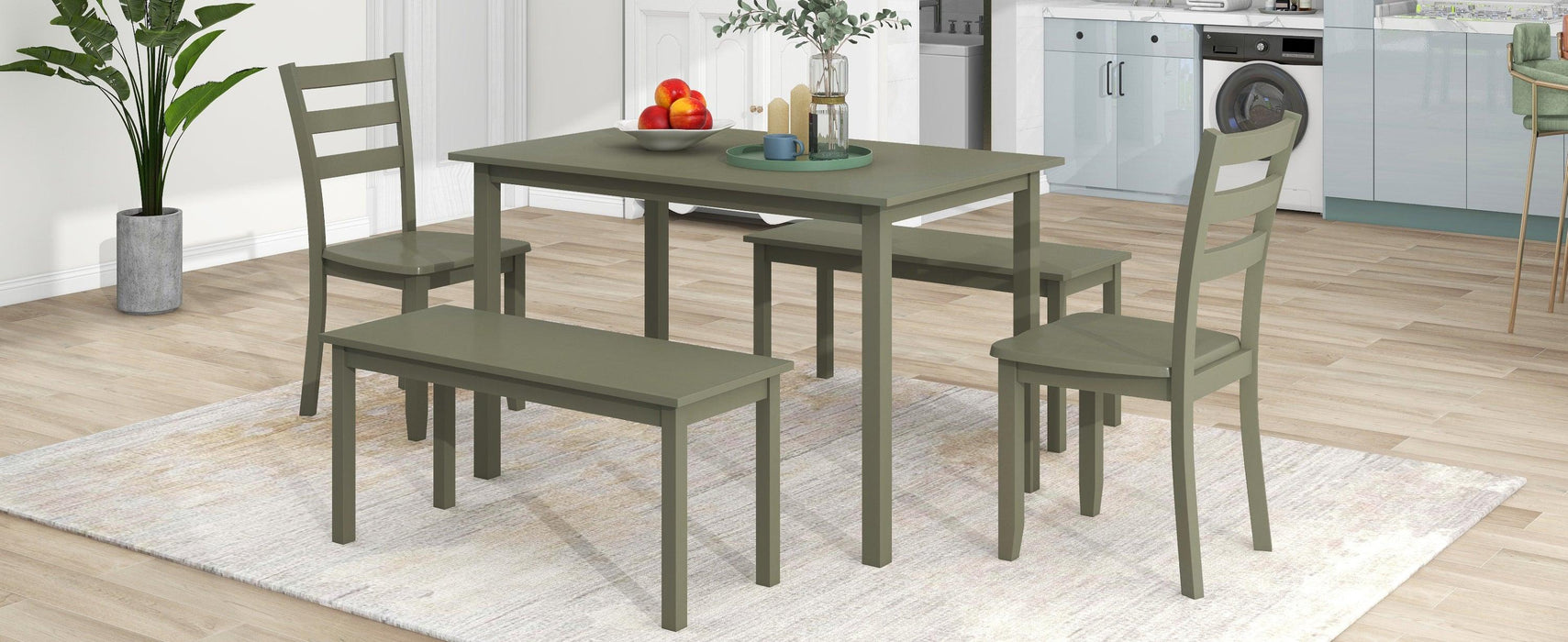 5-piece Wooden Dining Set, Kitchen Table with 2 Dining Chairs and 2 Benches, Farmhouse Rustic Style, Green